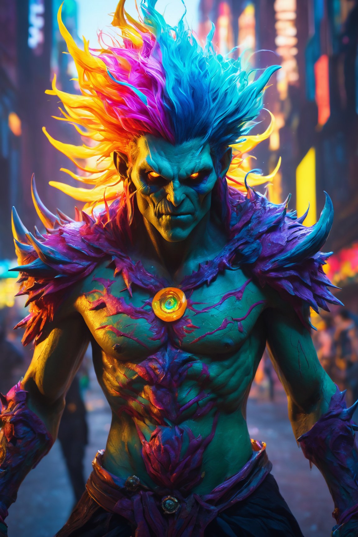 (best quality, 8K, highres, masterpiece), ultra-detailed, (photorealistic, cinematic), illustration painting of a luminous and enchanting bad guy undead/human-like creature with vibrant and dynamic anime-style colors. The creature, with dark, colorful hair, strikes a dynamic pose in a brilliantly lit fantasy realm environment filled with a kaleidoscope of colors. The mid-shot composition and rule of thirds depth of field emphasize intricate details, creating a fantastical realm that bursts with subtle and vibrant colors. The use of light particles enhances the scene's grandeur and awe, making it a stunning visual masterpiece in a double-exposure style. The strong outlines contribute to the scene's cinematic feel, creating a super colorful and visually captivating narrative