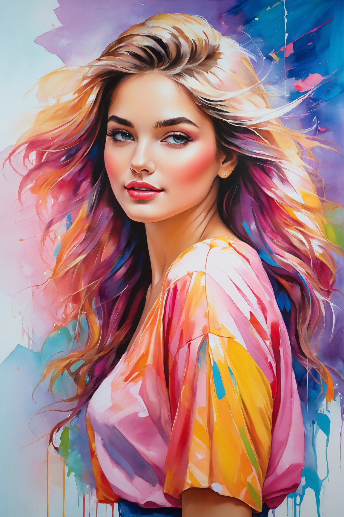 (best quality,8K,highres,masterpiece), ultra-detailed, (vibrant portrait), featuring a young woman with a captivating presence. Her hair is a canvas of vibrant colors, strands of every hue creating a beautifully messy yet artistic look. Her expression is one of gentle warmth, with a soft blush on her cheeks that speaks of a moment of bashfulness or excitement. She's dressed in a tasteful, fashionable outfit that includes a chic short skirt, complementing her dynamic and youthful style. The artwork captures the essence of her unique personality and vibrant spirit, set against a backdrop that enhances her colorful aura, high quality, high detail, high resolution.