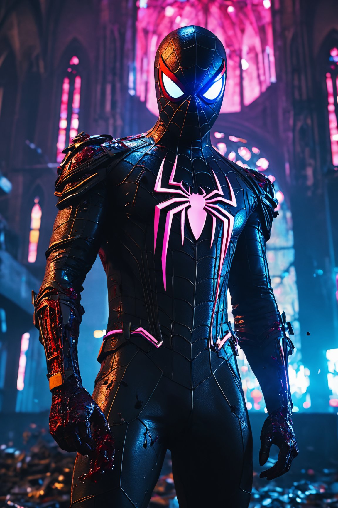 (Killer Spider-Man) from (Marvel), the entire suit drenched in blood, with (pieces of torn clothes) scattered about. The character features (intricate and angular cybernetic implants) inside a (brutalist building) combined with a (Gothic brutalist cathedral) backdrop, creating a (cyberpunk) atmosphere. The image is reminiscent of a (Foto premiada) with a focus on (Bokeh) and neon lights. This masterpiece is in (4K Cyber) resolution, blending the elements of a brutalist and cyberpunk aesthetic into a visually captivating and chilling scene.