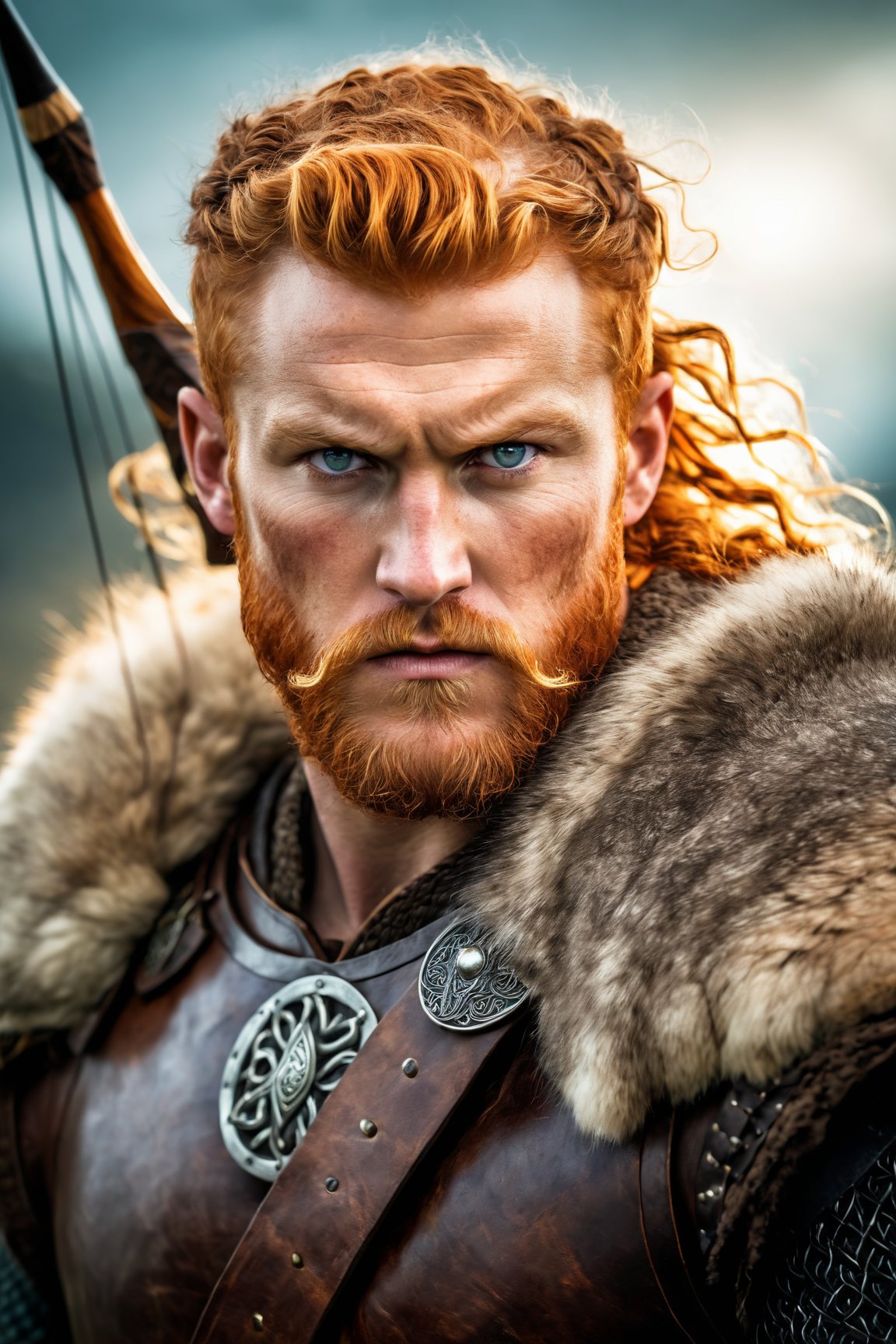 (Portrait of a fierce and fearsome Celtic warrior in battle), (action shot photo), (portrait), (fearsome), (furs coat), (ginger curl short hair), (holding an arrowbow), (silver eyes), (serious face, angry, mad), (Epic hero), (Symmetric), (Cinematic, vikings series style), (photorealistic fantasy art), (cinematic, realistic), (inspirational image), (digital art), (viking armor), (amber tone), (vikings mythology), (ambient lighting), (bokeh).