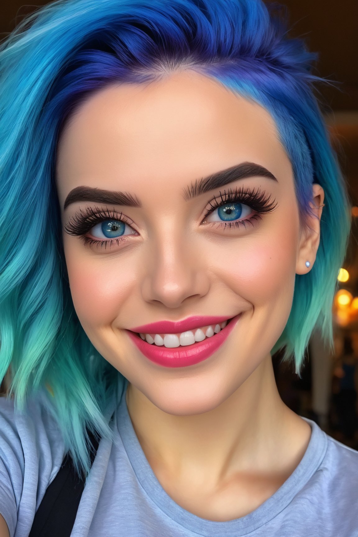 woman,smiling,blue hair,gym clothes,(best quality,highres:1.2),(vivid colors,colorful:1.1),(bokeh), (portraits),(studio lighting),(ultra-fine painting),(sharp focus),(extremely detailed eyes and face), (detailed lips),(beautiful detailed eyes),(long eyelashes)