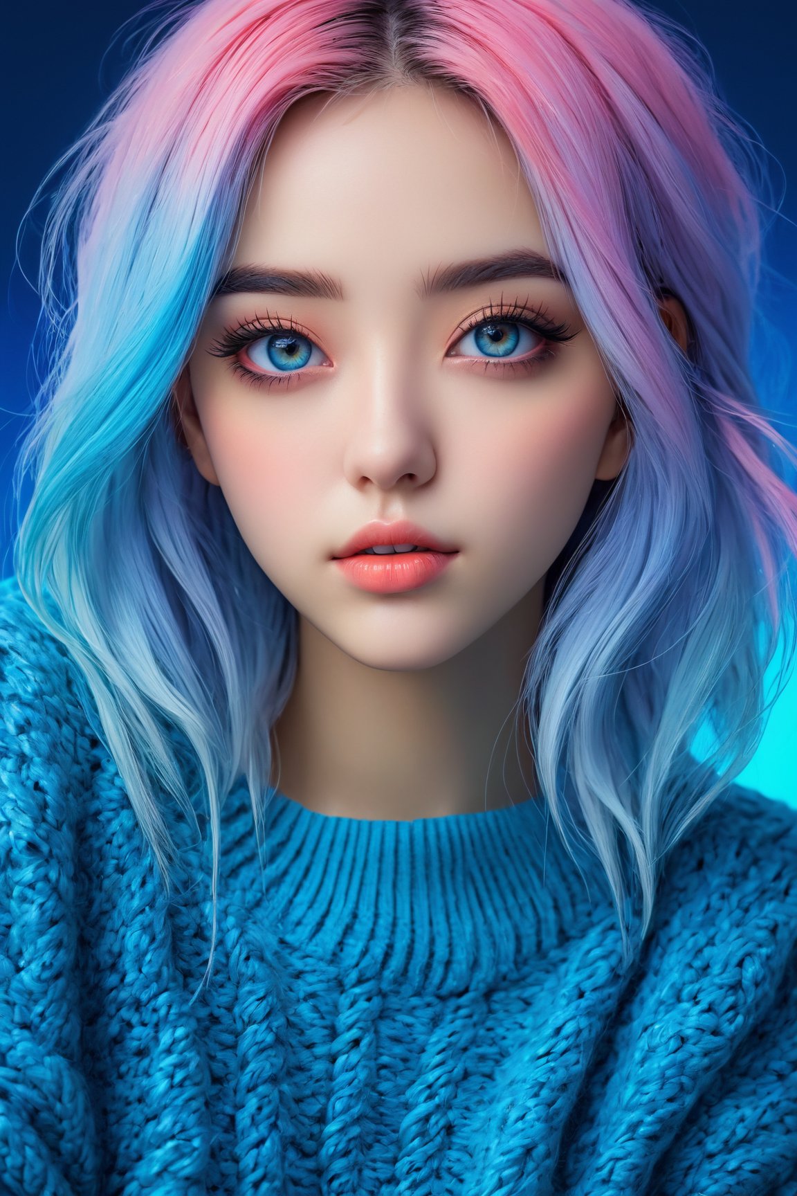 realistic,detailed,anime-style,1girl,beautiful detailed eyes,beautiful detailed lips,extremely detailed eyes and face,long eyelashes,Sweater,order,Blue gradient background,Neon hair,Textured crop,Canadian,(masterpiece:1.2),(best quality),(niji style),vivid colors