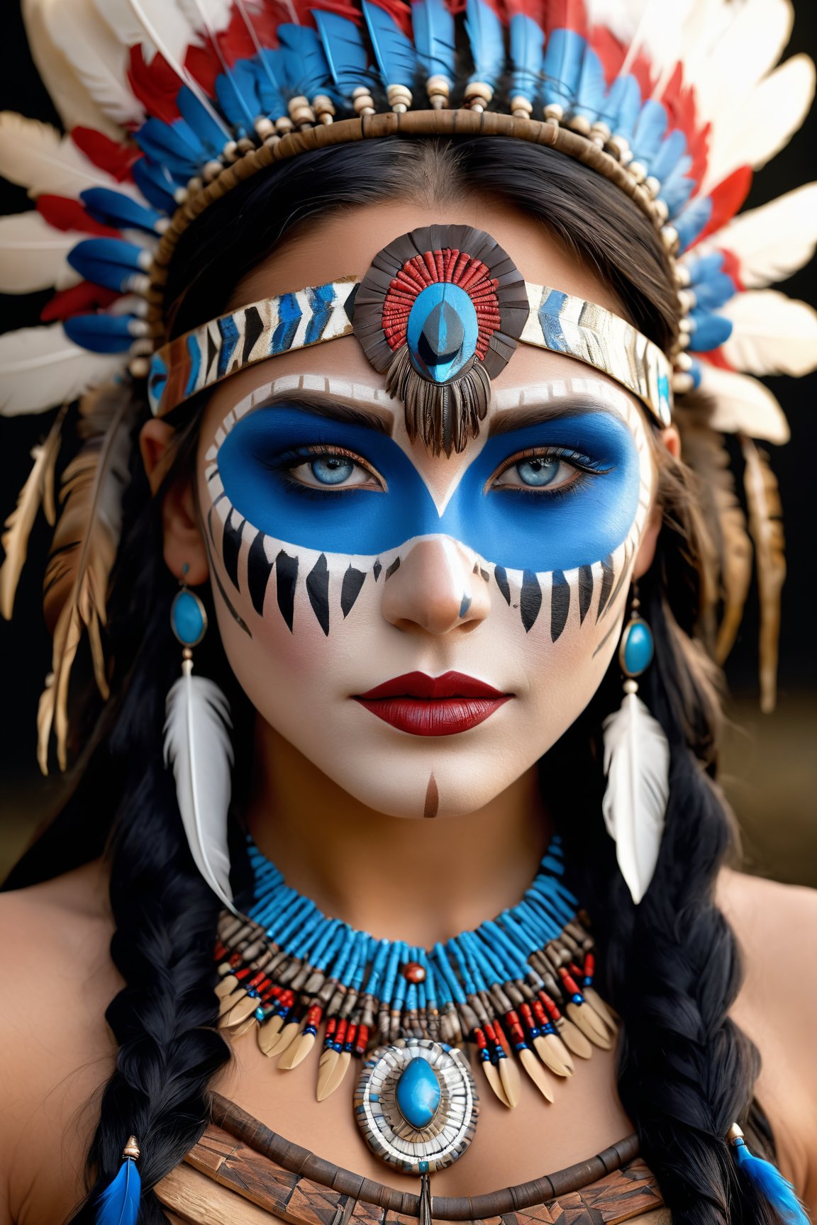 (best quality, 8K, highres, masterpiece), ultra-detailed, (realistic portrait) girl, solo, long black hair, blue eyes, realistic portrait, meticulous makeup, vivid lipstick, exquisite jewelry, necklace, unique headdress with feathers, mask, face paint, Native American traditions, beauty, tradition, artistry of makeup and adornment, lifelike precision.