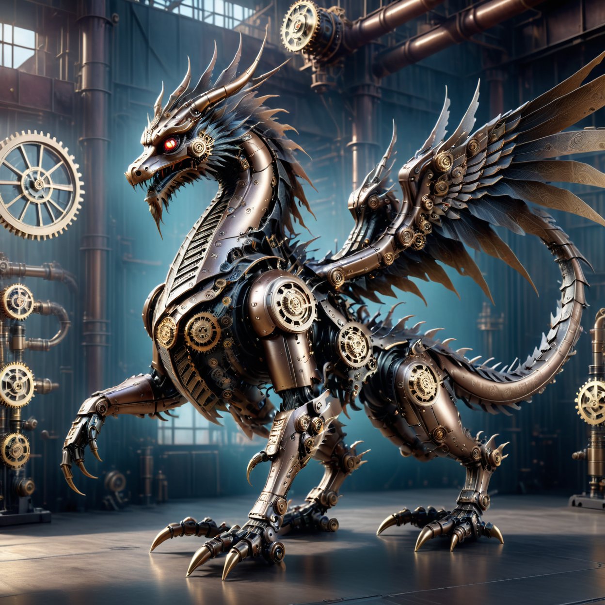 solo, steampunk bronze Chinese dragon robot have pair of wings, steampunk gear accesories, gears, gauge, at steampunk factory background, highly detailed, high quality, hyper realistic, with dramatic polarizing filter, sharp focus, HDR, UHD, 64K, remarkable color, ultra realistic, cyberpunk style, steampunk style, AbmSTPD