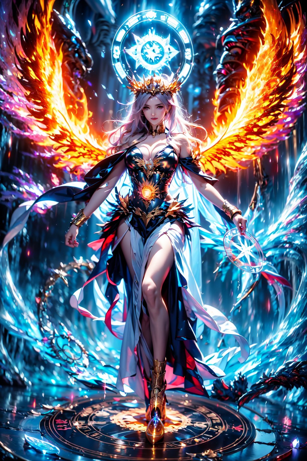 goddess, holy light, wings of light, magic circle, fire, ice, lightning,
