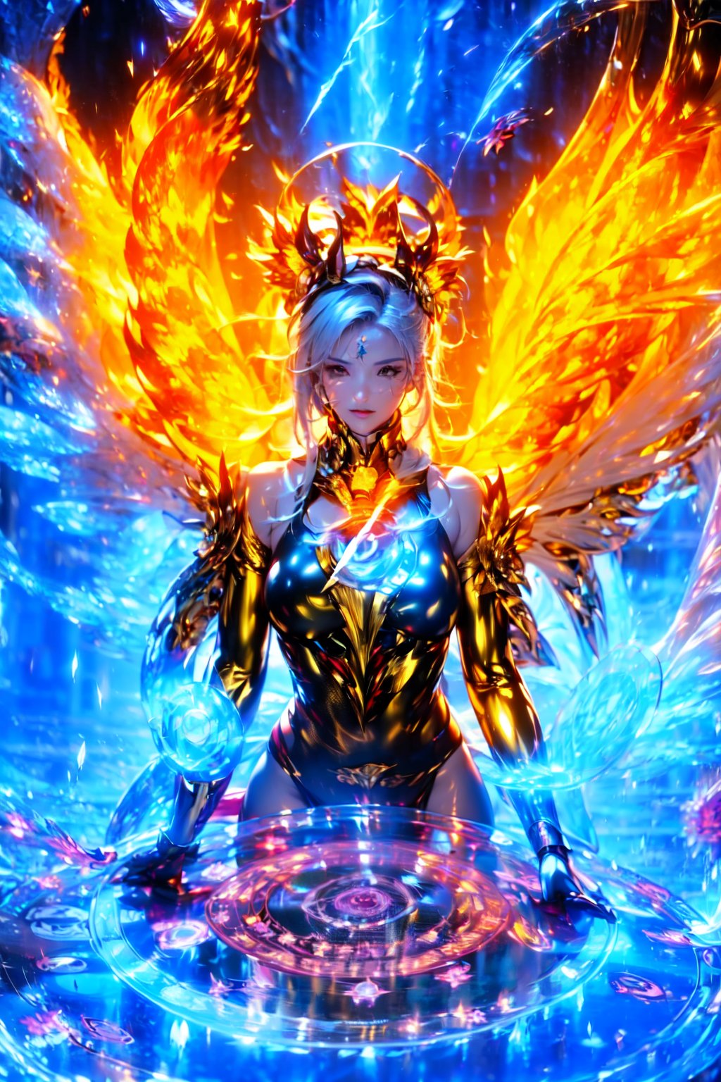 goddess,  holy light,  wings of light,  magic circle,  fire,  ice,  lightning,<lora:EMS-288118-EMS:1.000000>