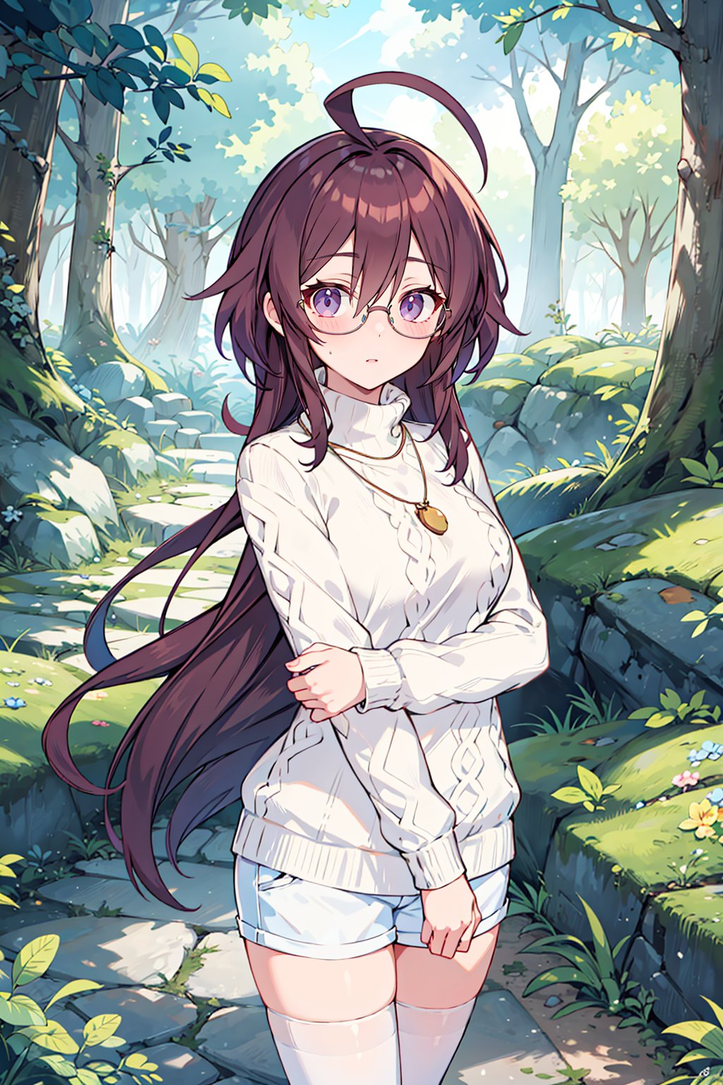 Solo,  girl,  glasses,  ahoge,  outdoor,  medium full shot,  jewelry necklace,  white shorts,  white Sweater dress,  turtleneck,  zettai ryouiki,  thighigh,  Forest,  moss,  dark,  Vine,<lora:EMS-84824-EMS:-0.400000>,<lora:EMS-288133-EMS:0.600000>