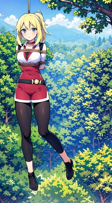 dotamirana, best quality,best animated,masterpiece, 8K-Illustration, Hyper Detailed, perfect anime illustration, ((suspension)), ((feet off the ground)), ((1girl)), ((solo)), arms behind back, ((full body)), upper body leaning forward, under a tree, ((branch above)), ((forest background)), ((blushing, scared)), (((view from above))),<lora:feet+off+the+ground,suspension-000009:0.8>,pikkytrainer, gloves, fingerless gloves, breasts, leggings, black choker, looking at viewer, solo, black gloves, belt, red cropped jacket, red shorts, medium breasts, long hair, ponytail, blonde  hair, blue eyes<lora:Trainer:0.8><lora:Trainer:0.8>