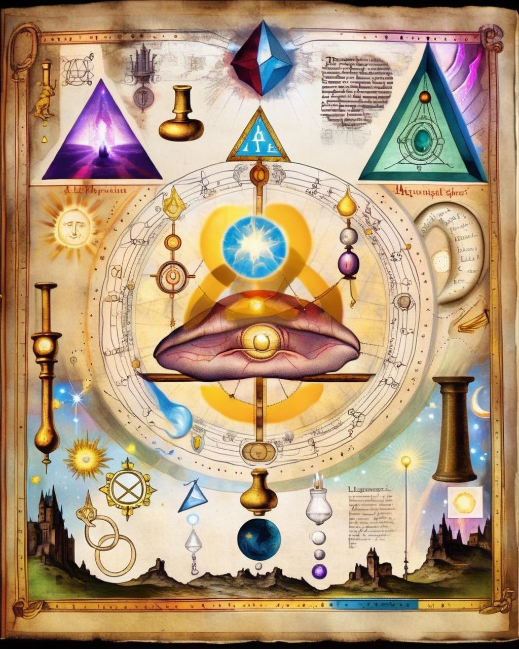 A vivid illustration of a philosopher's stone, emitting a radiant golden glow, occupies a central space on the alchemical page, embodying the ultimate goal of the alchemist's quest:1.6, vivid illustration:1.2, philosopher's stone:1.2, radiant golden glow:1.1, central space:1.1, alchemical page:1.1, alchemist's quest:1.1. , alchemy:2<lora:Alchemy_sdxl:1.0>