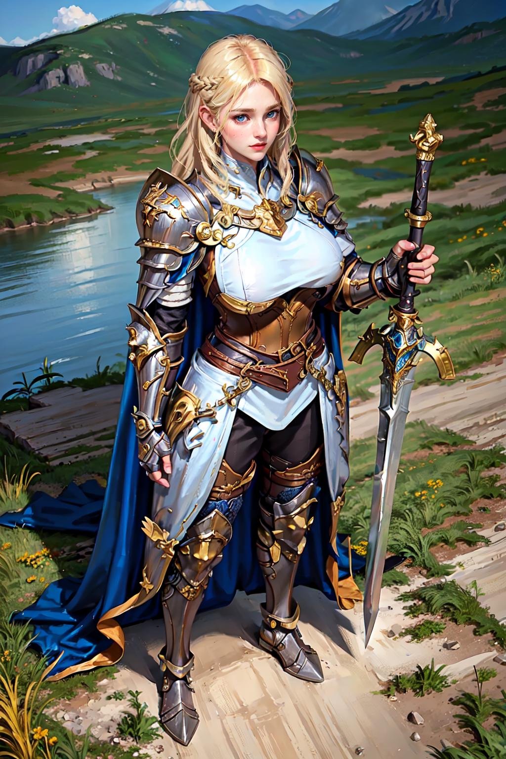 (masterpiece:1.2, best quality), (photorealistic:1.2, intricate details), standing, holding sword, 1girl, ((huge tits:1.2)), solo, armor, breast plate, greaves, pauldrons, vambrace, cape, armored boots, gauntlet, full body, castle background, blonde, outdoor, ((from above:1.2)) <lora:HGS_1:0.6>