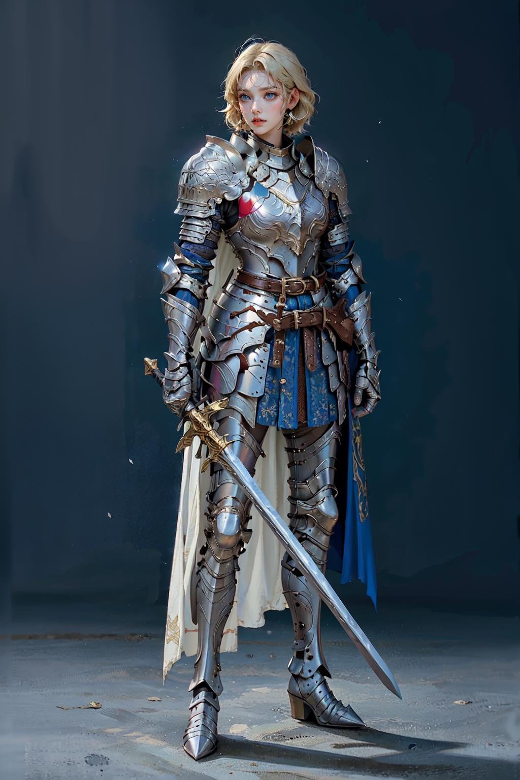 (masterpiece:1.2, best quality), (photorealistic:1.2, intricate details), Sword_Helm, 1girl, solo, looking at viewer, short hair, blue eyes, blonde hair, holding, closed mouth, standing, full body, weapon, boots, belt, sword, grey background, cape, holding weapon, armor, holding sword, helmet, shoulder armor, gauntlets, sheath, headwear removed, pauldrons, breastplate, knight, helmet removed, ((holding helmet)), chainmail, plate armor <lora:Sword_Helm-15:0.6>