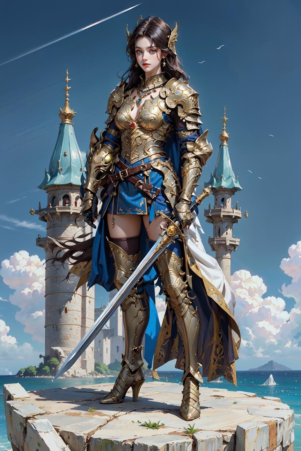 (masterpiece:1.2, best quality), (photorealistic:1.2, intricate details), Sword_Helm, 1girl, solo, long hair, looking at viewer, black hair, thighhighs, holding, jewelry, standing, full body, weapon, boots, sword, necklace, cape, holding weapon, armor, high heels, holding sword, helmet, shoulder armor, gauntlets, single thighhigh, headwear removed, asymmetrical legwear, pauldrons, knight, helmet removed, ((holding helmet)), (castle background) <lora:Sword_Helm:0.45>