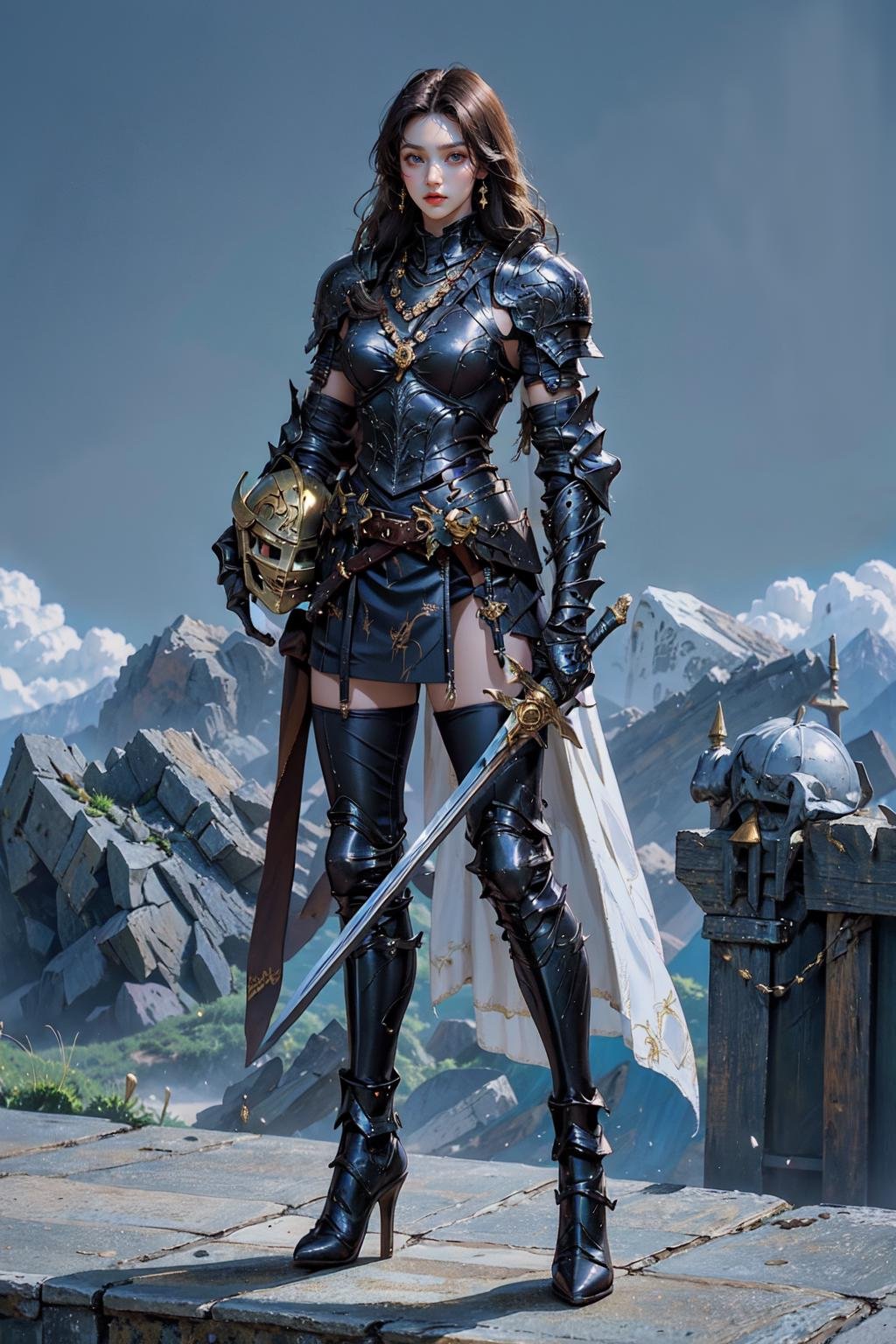 (masterpiece:1.2, best quality), (photorealistic:1.2, intricate details), Sword_Helm, 1girl, solo, long hair, looking at viewer, black hair, thighhighs, holding, jewelry, standing, full body, weapon, boots, sword, necklace, cape, holding weapon, armor, high heels, holding sword, helmet, shoulder armor, gauntlets, single thighhigh, headwear removed, asymmetrical legwear, pauldrons, knight, helmet removed, ((holding helmet)), outdoor, ((castle background)) <lora:Sword_Helm:0.6>