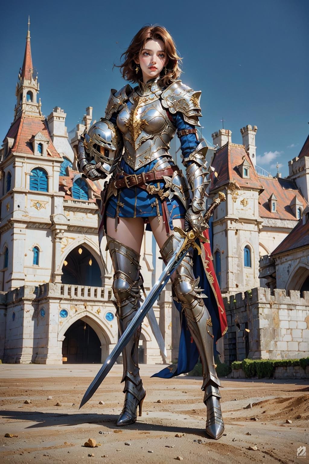 (masterpiece:1.2, best quality), (photorealistic:1.2, intricate details), Sword_Helm, 1girl, solo, looking at viewer, short hair, brown hair, holding, brown eyes, standing, full body, weapon, boots, belt, sword, medium hair, holding weapon, armor, high heels, lips, holding sword, helmet, shoulder armor, gauntlets, sheath, headwear removed, high heel boots, pauldrons, breastplate, armored boots, greaves, knight, helmet removed, ((holding helmet)), plate armor, (castle background) <lora:Sword_Helm:0.45>