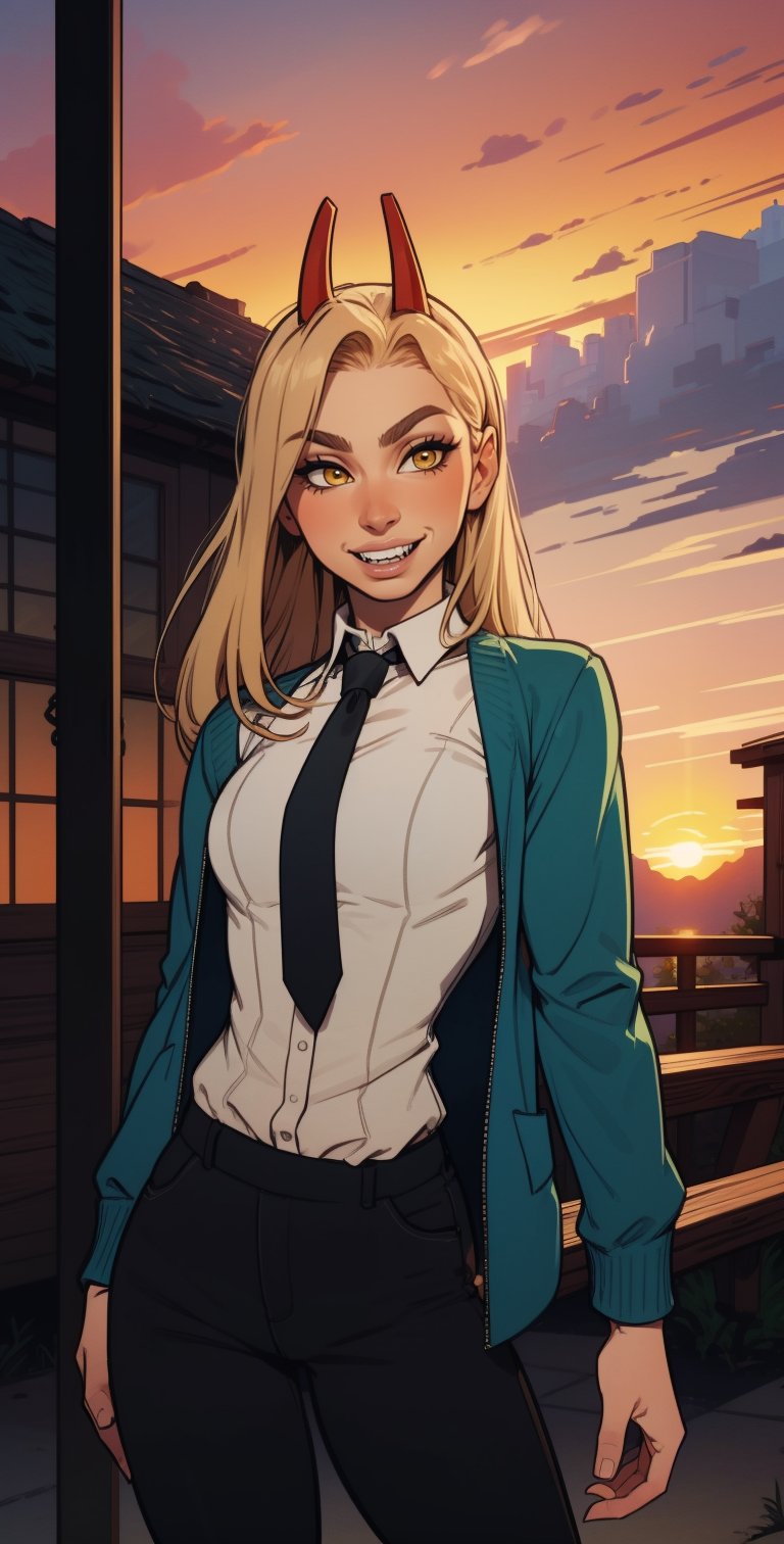 1girl, (solo:1.2),), (cowboy shot:1.5), smile, happy, (masterpiece:1.3), (best quality:1.3), (perfect anatomy:1.4), highly detailed,  power \(csm\), sharp teeth, symbol-shaped pupils, cross-shaped pupils, blonde hair, yellow eyes, blue jacket, collared shirt, black necktie, black pants, (orange sky:1.2), (cowboy scenery:1.2), (sunset:1.4), outside, summer,  kittew, soft shading, charming face, (semi-realistic:1.2), detailed shading,incase