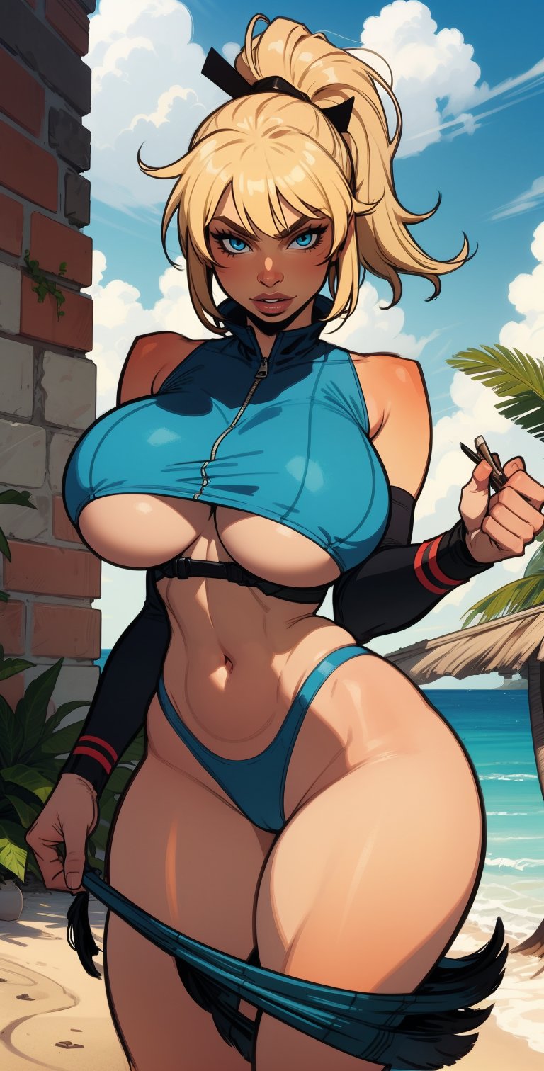 1girl, (solo:1.2)
 mysterious heroine xx \(fate\), (baseball cap:1.2), blue headwear, hair through headwear, wristband, blonde hair, (huge breasts), long hair, ponytail, blue eyes, (wide hips:1.2), curvy, (nude:1.2), nipples, areolae, (cute face:1.3)
(cowboy shot:1.2)
BREAK  incase, western artstyle, semi-realistic facial structure, semi-traditional artstyle, (soft rendering style with visable brush strokes:1.3), (red nose and cheeks:0.9), (skin texture:0.9), sharp nose, bouncing light, voluminous shading, (painterly style:1.2), (thick lineart), (muted colors:1.3)
BREAK intricate details, (masterpiece:1.3), (best quality:1.3), (perfect anatomy:1.4)
BREAK, (tropical beach:1.3), palm trees, azure blue water, daylight, summer,