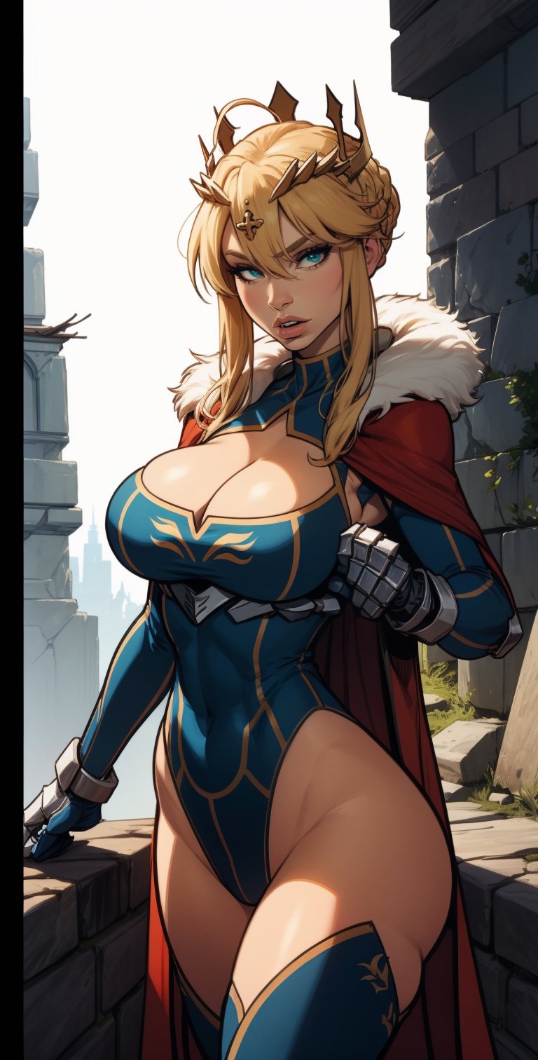 1girl, (solo:1.2)
 artoriaLancer, braid, crown, turtleneck, cleavage cutout, sleeveless, blue leotard, elbow gloves, blue thighhighs, fur trim, red cape, gauntlets
(cowboy shot:1.2)
BREAK  incase, western artstyle, semi-realistic facial structure, semi-traditional artstyle, (soft rendering style with visable brush strokes:1.3), (red nose and cheeks:0.9), (skin texture:0.9), sharp nose, bouncing light, voluminous shading, (painterly style:1.2), (thick lineart), (muted colors:1.3)
BREAK intricate details, (masterpiece:1.3), (best quality:1.3), (perfect anatomy:1.4)
BREAK, (post fight scenery:1.3), rubble, outside, daylight,artoria lancer