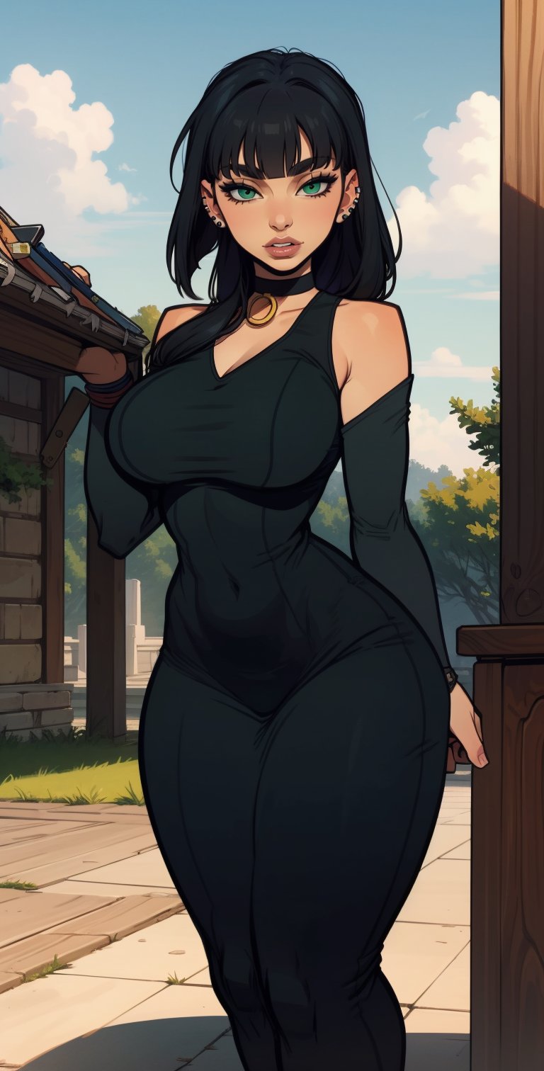 1girl, (solo:1.2), (cowboy shot:1.2), (looking at viewer:1.3),
 pa-san, (blunt bangs:1.3), (long hair), (colored inner hair:1.2), (black hair), purple hair, (green eyes:1.3), large breasts, curvy, young female, hime cut, ear piercing, jewelry, (black dress:1.2), clothing cutout, shoulder cutout, (sleeves past wrists:1.2), choker, black choker
BREAK  incase, western artstyle, semi-realistic facial structure, semi-traditional artstyle, (soft rendering style with visable brush strokes:1.3), (red nose and cheeks:0.9), (skin texture:0.9), sharp nose, bouncing light, voluminous shading, (painterly style:1.2), (thick lineart), (muted colors:1.3)
BREAK intricate details, (masterpiece:1.3), (best quality:1.3), (perfect anatomy:1.4) BREAK, (beautiful white clouds:1.3), puffy clouds, white sky,pasan