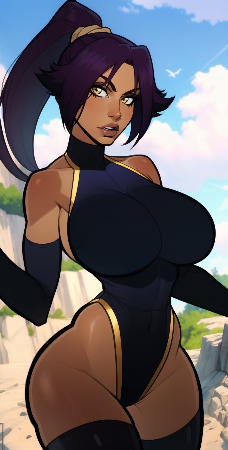 1girl, (solo:1.2), (cowboy shot:1.2), (looking at viewer:1.3),
 shihouin yoruichi, dark skin, (dark-skinned female:1.2), ponytail, black leotard, leotard, thighhighs, purple hair, black hair, yellow eyes, detached sleeves, black thighhighs, black sleeves, halterneck, black clothes, bare shoulders, large breasts, curvy, athletic, toned
BREAK  incase, western artstyle, semi-realistic facial structure, semi-traditional artstyle, (soft rendering style with visable brush strokes:1.3), (red nose and cheeks:0.9), (skin texture:0.9), sharp nose, bouncing light, voluminous shading, (painterly style:1.2), (thick lineart), (muted colors:1.3)
BREAK intricate details, (masterpiece:1.3), (best quality:1.3), (perfect anatomy:1.4) BREAK, (beautiful white clouds:1.3), puffy clouds, white sky,Yoruichi_Bleach