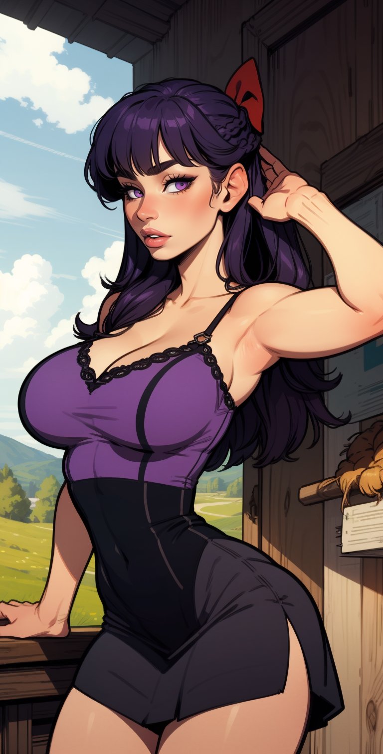 1girl, (solo:1.2), (cowboy shot:1.2), (looking at viewer:1.3),
 hiroi kikuri, (blunt bangs:1.2), braid, hair over shoulder, long hair, hair bow, (purple hair:1.2), (purple eyes:1.2), (drunk), blush, large breasts, curvy, young female, bow, dress, black bow, (green dress:1.2), strap slip, no bra
BREAK  incase, western artstyle, semi-realistic facial structure, semi-traditional artstyle, (soft rendering style with visable brush strokes:1.3), (red nose and cheeks:0.9), (skin texture:0.9), sharp nose, bouncing light, voluminous shading, (painterly style:1.2), (thick lineart), (muted colors:1.3)
BREAK intricate details, (masterpiece:1.3), (best quality:1.3), (perfect anatomy:1.4) BREAK, (beautiful white clouds:1.3), puffy clouds, white sky