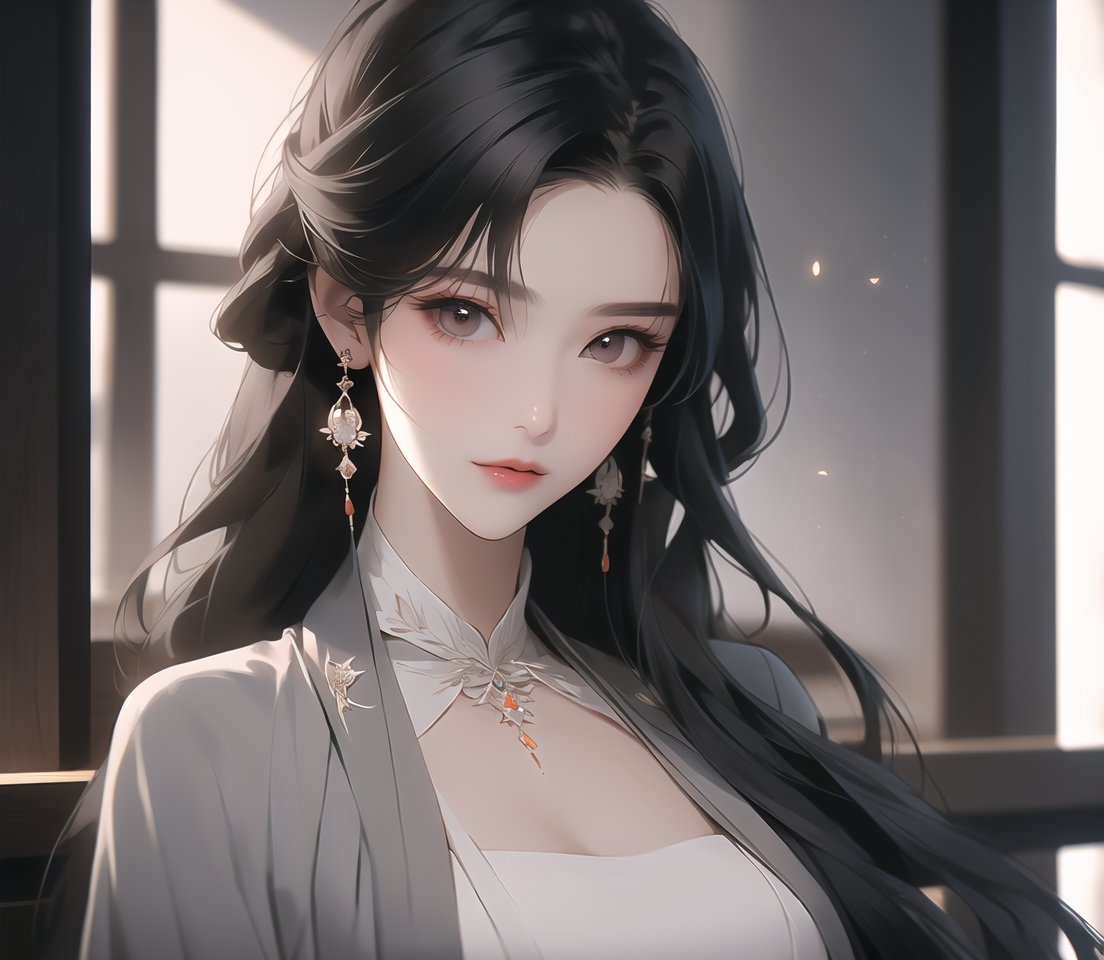 1girl,long black hair,orange eyes,glowing_eye,hime cut,very long hair,straight_hair,beautifly,high definition,fair_skin,(detailed face),domineering ceo,(grey_coat),(long black dress),((dress pattern)),((detail clothing)),sthk,sitting,executive chair,HD,4k,grim,(perfect hand),detailed face,light and shadow,