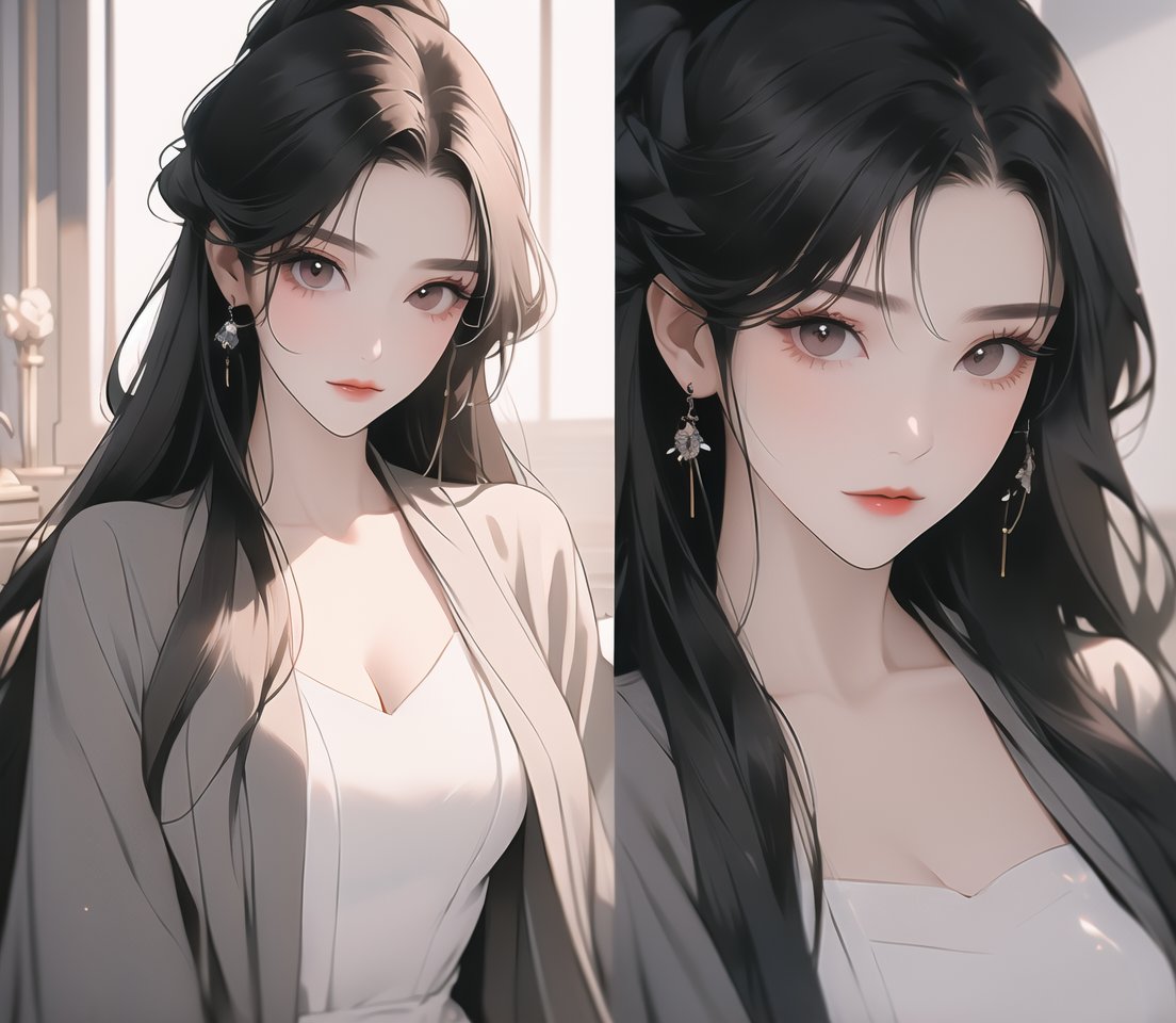 1girl,long black hair,orange eyes,glowing_eye,hime cut,very long hair,straight_hair,beautifly,high definition,fair_skin,(detailed face),domineering ceo,(grey_coat),(long black dress),((dress pattern)),((detail clothing)),sthk,sitting,executive chair,HD,4k,grim,(perfect hand),detailed face,light and shadow,