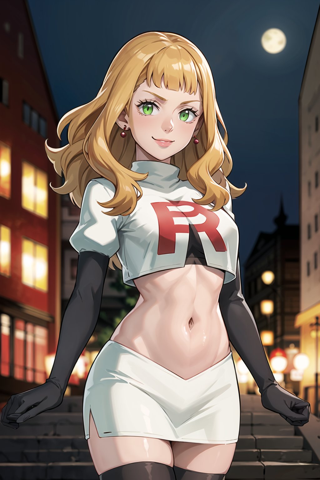 (best quality), (highly detailed), masterpiece, (official art), mimosa vermillion, orange hair, green eyes, red earrings, posing, lips, evil smile, smug, naughty_face ,Team Rocket, cropped jacket, white jacket, crop top, jacket, gloves, black gloves, elbow gloves, navel, midriff, white skirt, miniskirt, skirt, thighhighs,, looking at viewer, china, asiática, city, night, sky, (intricately detailed, hyperdetailed), blurry background,depth of field, best quality, masterpiece, intricate details, tonemapping, sharp focus, hyper detailed, trending on Artstation,1 girl, high res, official art