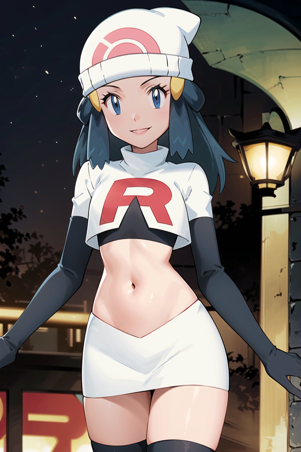 (best quality), (highly detailed), masterpiece, (official art),  dawn \(pokemon\), beanie, long hair, blue hair, blue eyes,, posing, lips,( evil smile), Team Rocket, cropped jacket, white jacket, crop top, jacket, gloves, black gloves, elbow gloves, navel, midriff, white skirt, miniskirt, skirt, thighhighs,, looking at viewer, china, asiática, city, night, sky, (intricately detailed, hyperdetailed), blurry background,depth of field, best quality, masterpiece, intricate details, tonemapping, sharp focus, hyper detailed, trending on Artstation,1 girl, high res, official art,1girl,dawn (pokemon)