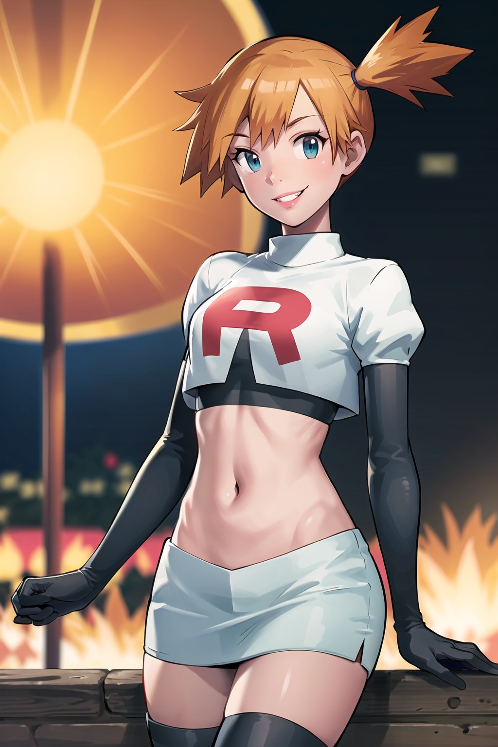 (best quality), (highly detailed), masterpiece, (official art), misty (pokemon), orange hair, side ponytail, orange hair, short hair, posing, lips,( evil smile), Team Rocket, cropped jacket, white jacket, crop top, jacket, gloves, black gloves, elbow gloves, navel, midriff, white skirt, miniskirt, skirt, thighhighs,, looking at viewer, china, asiática, city, night, sky, (intricately detailed, hyperdetailed), blurry background,depth of field, best quality, masterpiece, intricate details, tonemapping, sharp focus, hyper detailed, trending on Artstation,1 girl, high res, official art,1girl