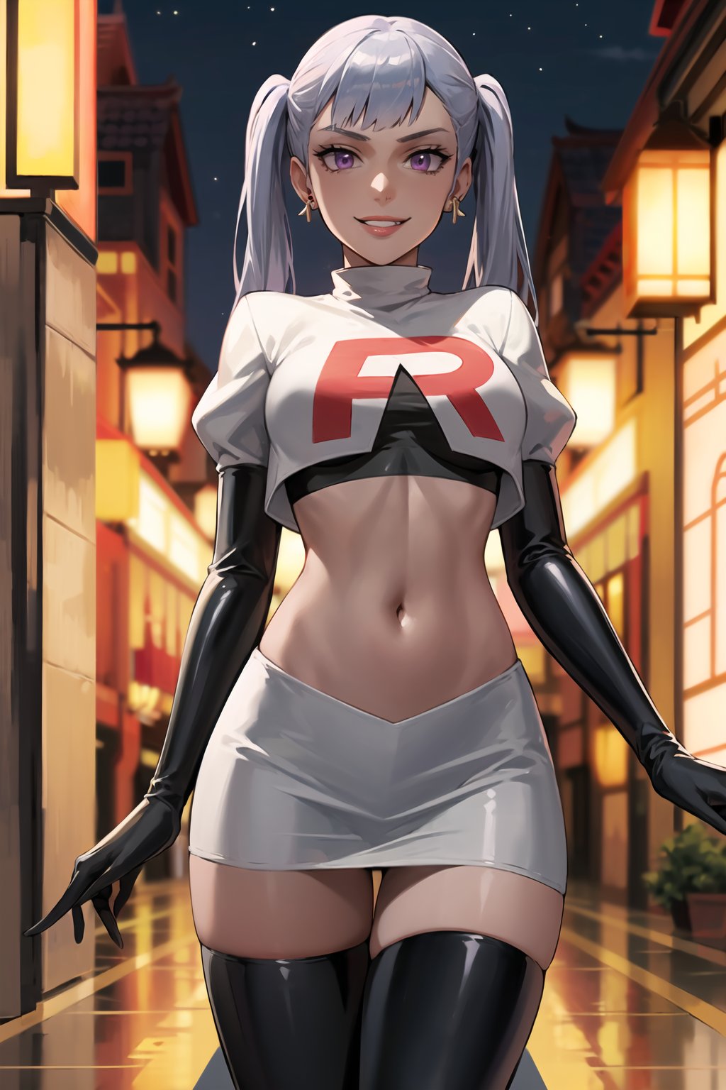 (best quality), (highly detailed), masterpiece, (official art), noelle_silva, silver hair,purple eyes, twintails, bangs, earrings, jewelry, ((latex)), posing, lips,( evil smile), Team Rocket, cropped jacket, white jacket, crop top, jacket, gloves, black gloves, elbow gloves, navel, midriff, white skirt, miniskirt, skirt, thighhighs,, looking at viewer, china, asiática, city, night, sky, (intricately detailed, hyperdetailed), blurry background,depth of field, best quality, masterpiece, intricate details, tonemapping, sharp focus, hyper detailed, trending on Artstation,1 girl, high res, official art