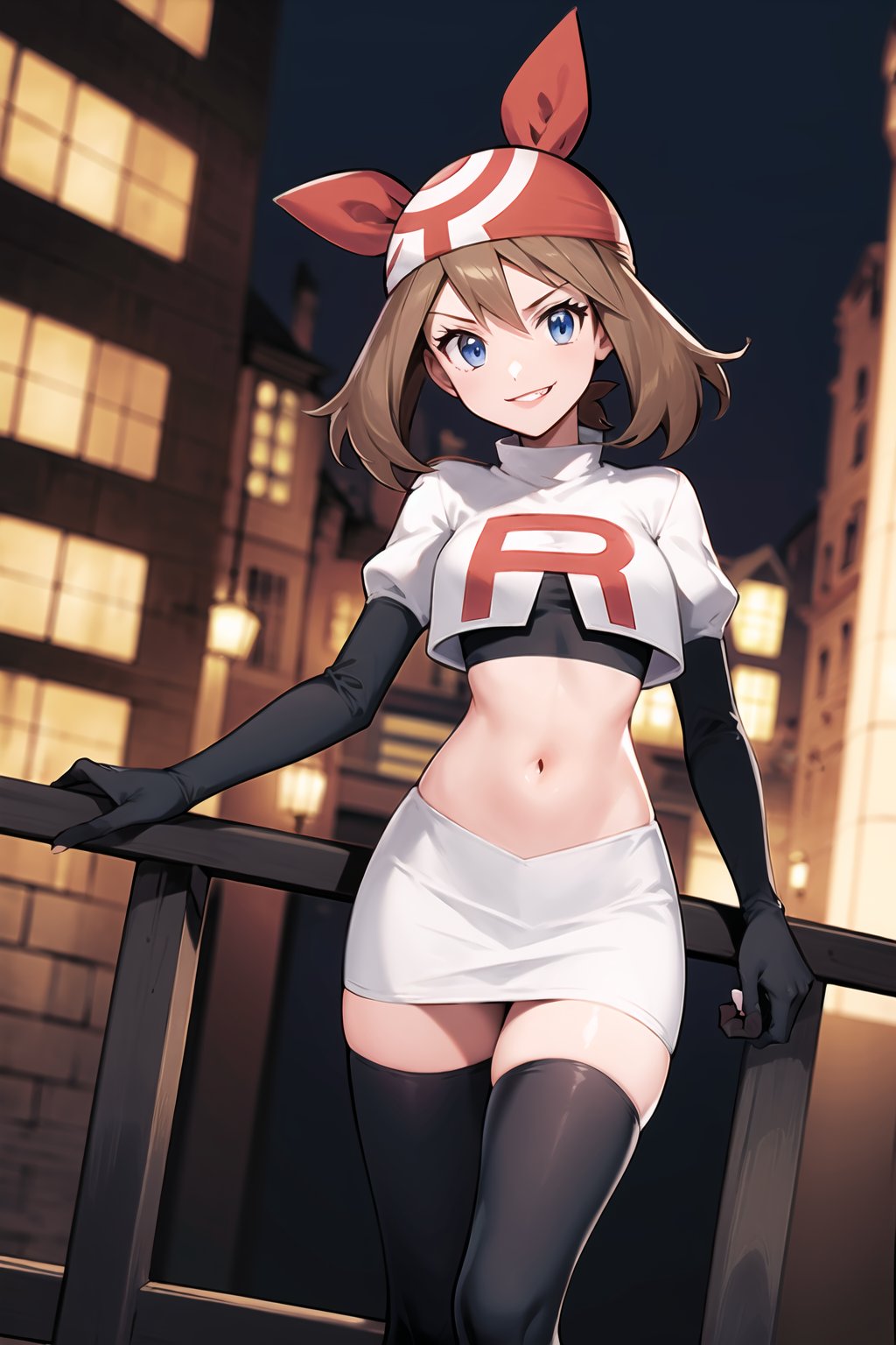 (best quality), (highly detailed), masterpiece, (official art), may, brown hair, bandana,  hairband, medium hair, bow hairband, red bandana, poke ball, poke ball (basic), holding poke ball, posing, lips,( evil smile), Team Rocket, cropped jacket, white jacket, crop top, jacket, gloves, black gloves, elbow gloves, navel, midriff, white skirt, miniskirt, skirt, thighhighs,, looking at viewer, china, asiática, city, night, sky, (intricately detailed, hyperdetailed), blurry background,depth of field, best quality, masterpiece, intricate details, tonemapping, sharp focus, hyper detailed, trending on Artstation,1 girl, high res, official art