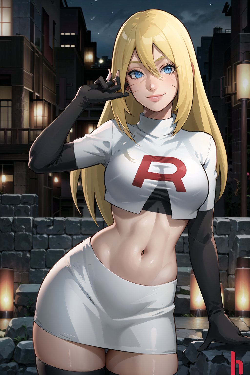 (best quality), (highly detailed), masterpiece, (official art), boruko, facial mark, long hair, blonde hair, blue eyes, posing, lips,( evil smile), Team Rocket, cropped jacket, white jacket, crop top, jacket, gloves, black gloves, elbow gloves, navel, midriff, white skirt, miniskirt, skirt, thighhighs,, looking at viewer, china, asiática, city, night, sky, (intricately detailed, hyperdetailed), blurry background,depth of field, best quality, masterpiece, intricate details, tonemapping, sharp focus, hyper detailed, trending on Artstation,1 girl, high res, official art,