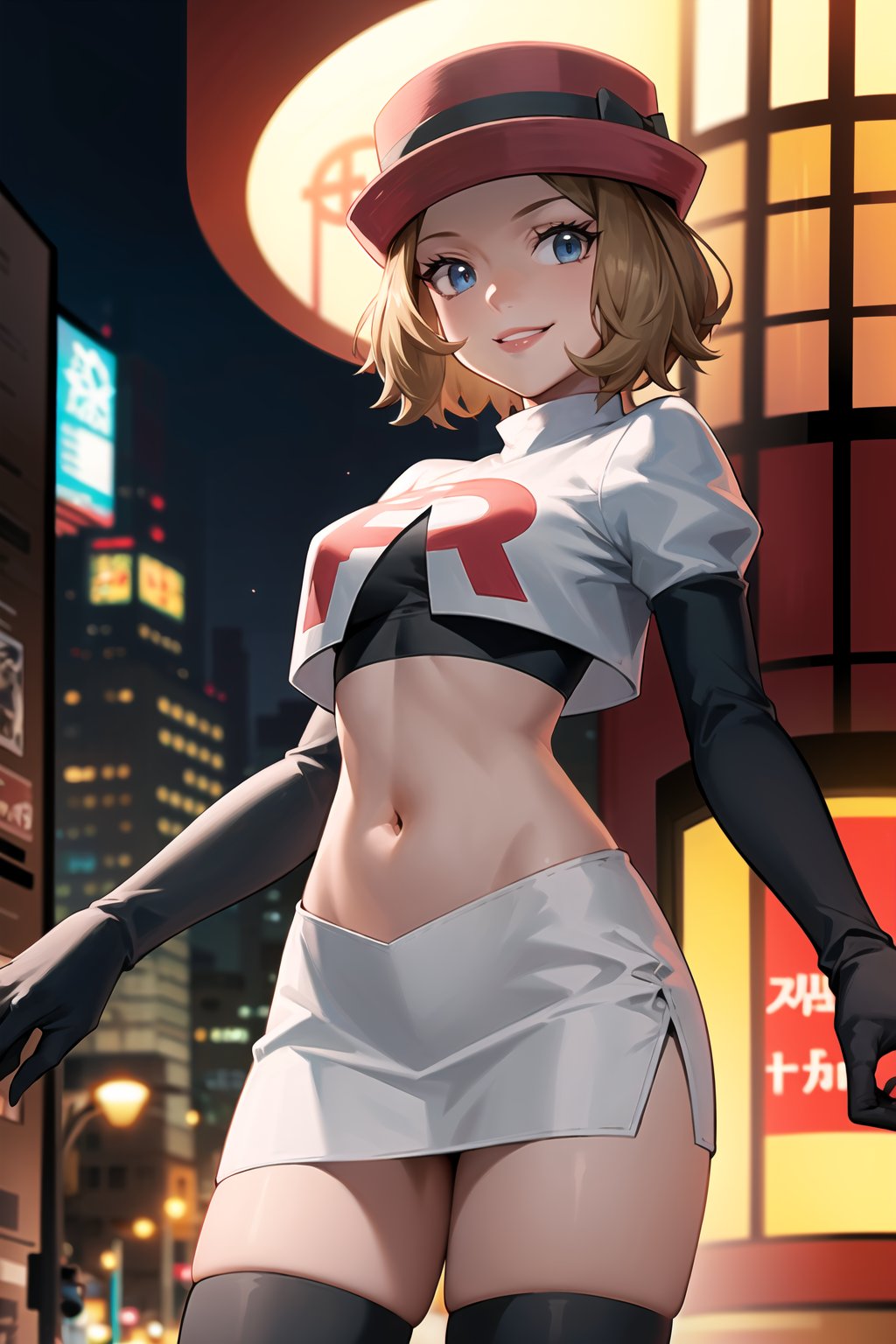 (best quality), (highly detailed), masterpiece, (official art), serena, red hat, short hair, Brown hair, posing, lips,( evil smile), Team Rocket, cropped jacket, white jacket, crop top, jacket, gloves, black gloves, elbow gloves, navel, midriff, white skirt, miniskirt, skirt, thighhighs,, looking at viewer, china, asiática, city, night, sky, (intricately detailed, hyperdetailed), blurry background,depth of field, best quality, masterpiece, intricate details, tonemapping, sharp focus, hyper detailed, trending on Artstation,1 girl, high res, official art