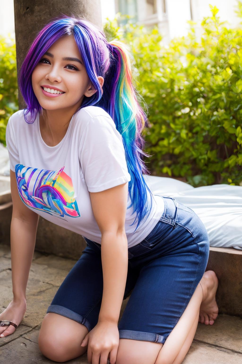 eyes,nose,lips,teeth,a cute  girl kneeling on a bed, looking at viewer, (seductive smile:0.4), blush, perfecteyes eyes, (rainbow hair:1.3), (white t-shirt:1.3), wetshirt, bottomless, sunlight, spread legs, arms behind back, pubic hair <lora:add_detail:1>