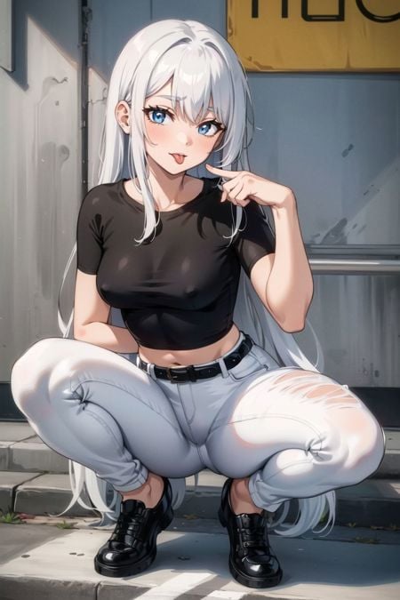 (masterpiece:1.2), (best quality:1.2), full body shot, 1girl, medium breasts, fit and petite body, white hair, long hair, squatting on the sidewalk, spread legs, cropped top black tshirt, white jeans, black belt, black shoes, <lora:tgout:0.85>, tgout, tongue out, tongue, 