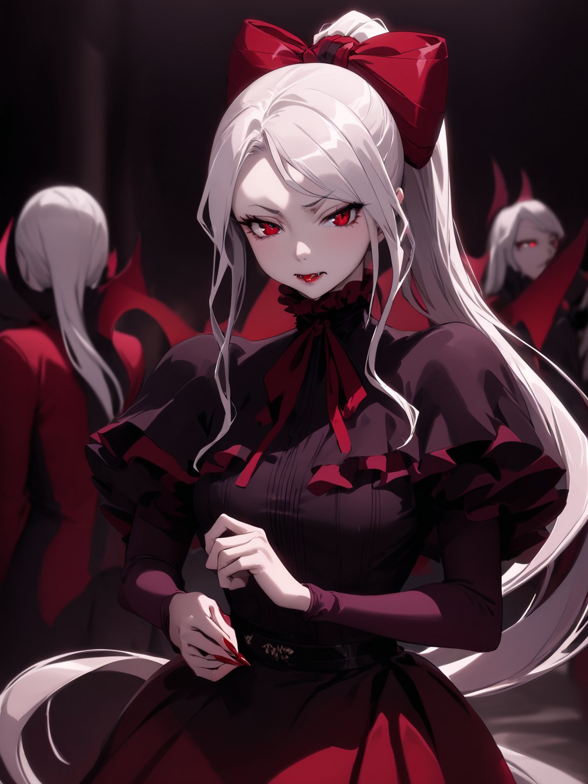 //Quality,
masterpiece, best quality, detailed
,//Character,
1girl, solo
,//Fashion,
,//Background,
,//Others,
,shalltear bloodfallen \(overlord\), red eyes, long hair, white hair, bangs, ponytail, vampire