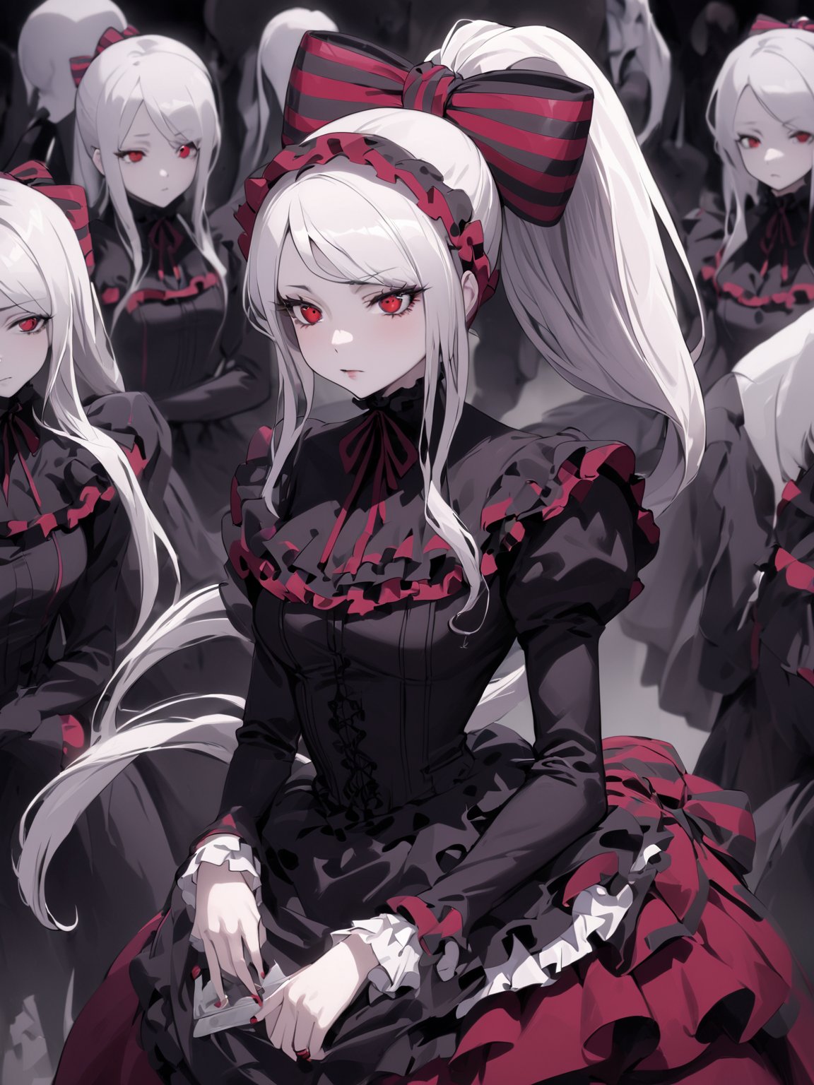 //Quality,
masterpiece, best quality
,//Character,
1girl, solo
,//Fashion,
,//Background,
,//Others,
,shalltear bloodfallen \(overlord\), red eyes, long hair, white hair, bangs, ponytail, gothic lolita, striped bow, frilled dress, long sleeves