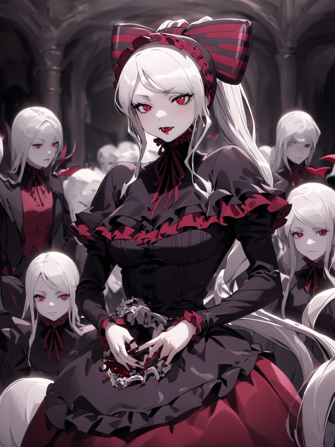 //Quality,
masterpiece, best quality, detailed
,//Character,
1girl, solo
,//Fashion,
,//Background,
,//Others,
,shalltear bloodfallen \(overlord\), red eyes, long hair, white hair, bangs, ponytail, vampire, gothic lolita, striped bow, frilled dress, long sleeves 