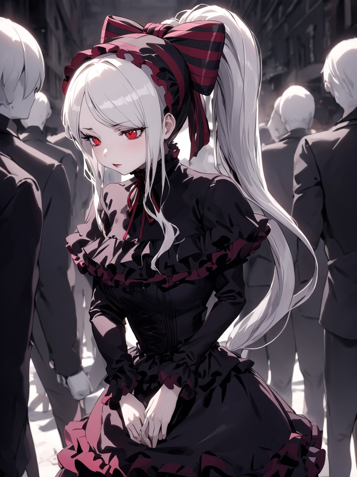 //Quality,
masterpiece, best quality
,//Character,
1girl, solo
,//Fashion,
,//Background,
,//Others,
,shalltear bloodfallen \(overlord\), red eyes, long hair, white hair, bangs, ponytail, gothic lolita, striped bow, frilled dress, long sleeves