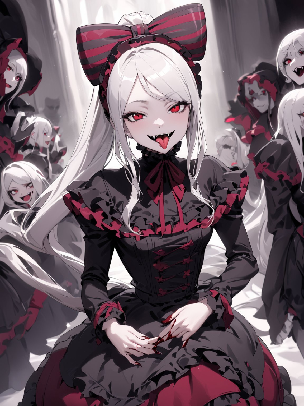 //Quality,
masterpiece, best quality, detailed
,//Character,
1girl, solo
,//Fashion,
,//Background,
,//Others,
,shalltear bloodfallen \(overlord\), red eyes, long hair, white hair, bangs, ponytail, gothic lolita, striped bow, frilled dress, long sleeves, open mouth, tongue out, fangs, smile