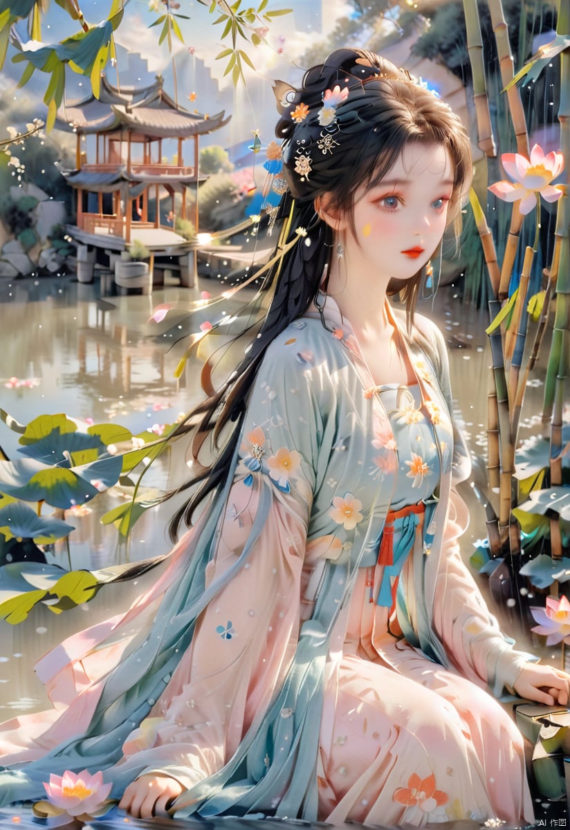  (sunlight, beautiful sky, floating hair, Fisheye lens lens, dynamic angle, distant view, panorama ,overlook,barefoot), ((Ancient_Chinese_architecture)), (short sleeves),with a combination of Morgan colors, Qiu Ying's painting style, And high end color matching, ((A beautiful girl sitting on a bamboo raft in the water, swimming downstream, Huge lotus, rain, (full body), aqua_china_dress)), (bright light,fantasy), ((spotted light)),1 girl, ((black hair, shy, blush)), arien_hanfu, (\hui mou\), dingxianghua, guofeng, Anime style, dunhuang, hanfu, cexz1,cexz2,cexz3,cexz4,cexz5,changexian, dancedress,chinese cloths,song style outfits,bare_foot,stadning,full_body,flowers ,(innocent grey),fox girl,fairy, traditional chinese ink painting