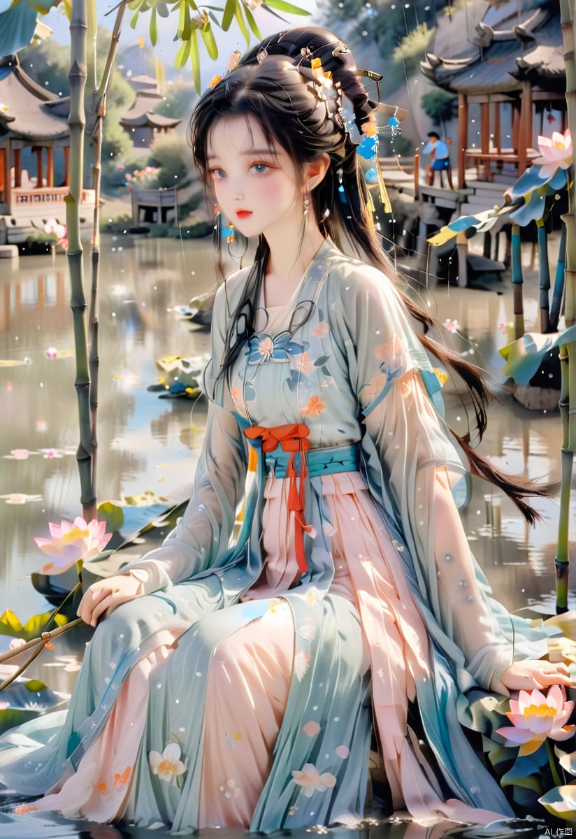  (sunlight, beautiful sky, floating hair, Fisheye lens lens, dynamic angle, distant view, panorama ,overlook,barefoot), ((Ancient_Chinese_architecture)), (short sleeves),with a combination of Morgan colors, Qiu Ying's painting style, And high end color matching, ((A beautiful girl sitting on a bamboo raft in the water, swimming downstream, Huge lotus, rain, (full body), aqua_china_dress)), (bright light,fantasy), ((spotted light)),1 girl, ((black hair, shy, blush)), arien_hanfu, (\hui mou\), dingxianghua, guofeng, Anime style, dunhuang, hanfu, cexz1,cexz2,cexz3,cexz4,cexz5,changexian, dancedress,chinese cloths,song style outfits,bare_foot,stadning,full_body,flowers ,(innocent grey),fox girl,fairy, traditional chinese ink painting