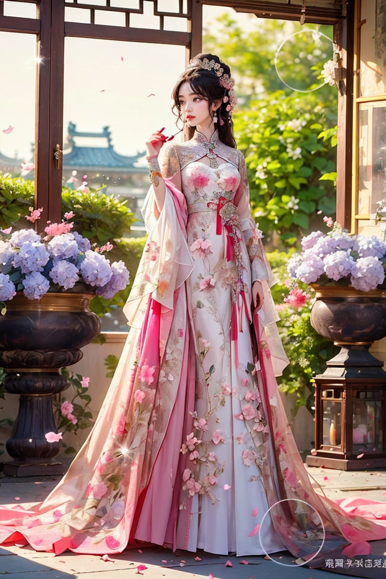 1girl, solo, long hair, black hair, hair ornament, long sleeves, dress, jewelry, standing, full body, flower, earrings, indoors, hand up, hair flower, wide sleeves, petals, window, sparkle, chinese clothes, pink dress, falling petals,ancient_beautiful,mecha