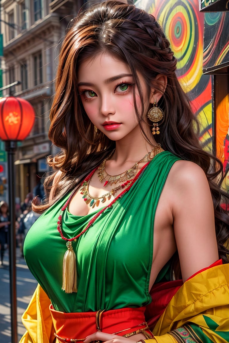 1girl, solo, Yukina, oil painting, impasto, looking at viewer, a young woman, 18 years old, red hair, long hair, green eyes, muscular body, big breasts, tribal necklace, urban psychedelic outfit, psychedelic  background, masterpiece, nijistyle, niji, ,sciamano240, soft shading, yukina