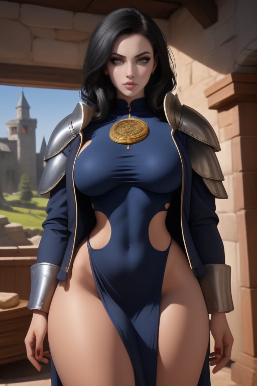 Fia Arcana is a beautiful woman, 23 years old, pretty face, tall and hourglass,  bbw.  black hair, dark_grey eyes. she wears a light_blue dress. She is wearing a baggy navy blue jacket with silver ornaments. silver shoulder pads ornate., she has big breasts, ripped abs, wide hips, big ass, round ass. In the background a medieval fantasy landscape with interactive elements. Interactive image, detailed image. sciamano240, 1 girl, Fia Arcana