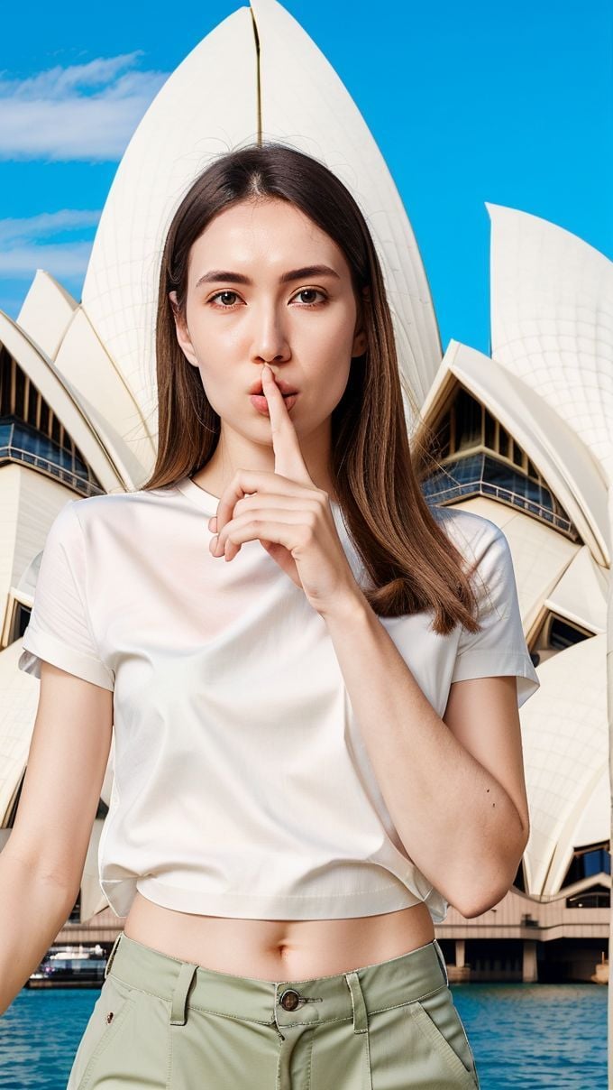 <lora:shush_obj20c:0.75 >, woman, sandals, shush, (finger_to_mouth: 1.2), (shirt), pants, (sydney opera house), perfect face, (contact iris: 1.1), pale skin, skin pores , depth of field