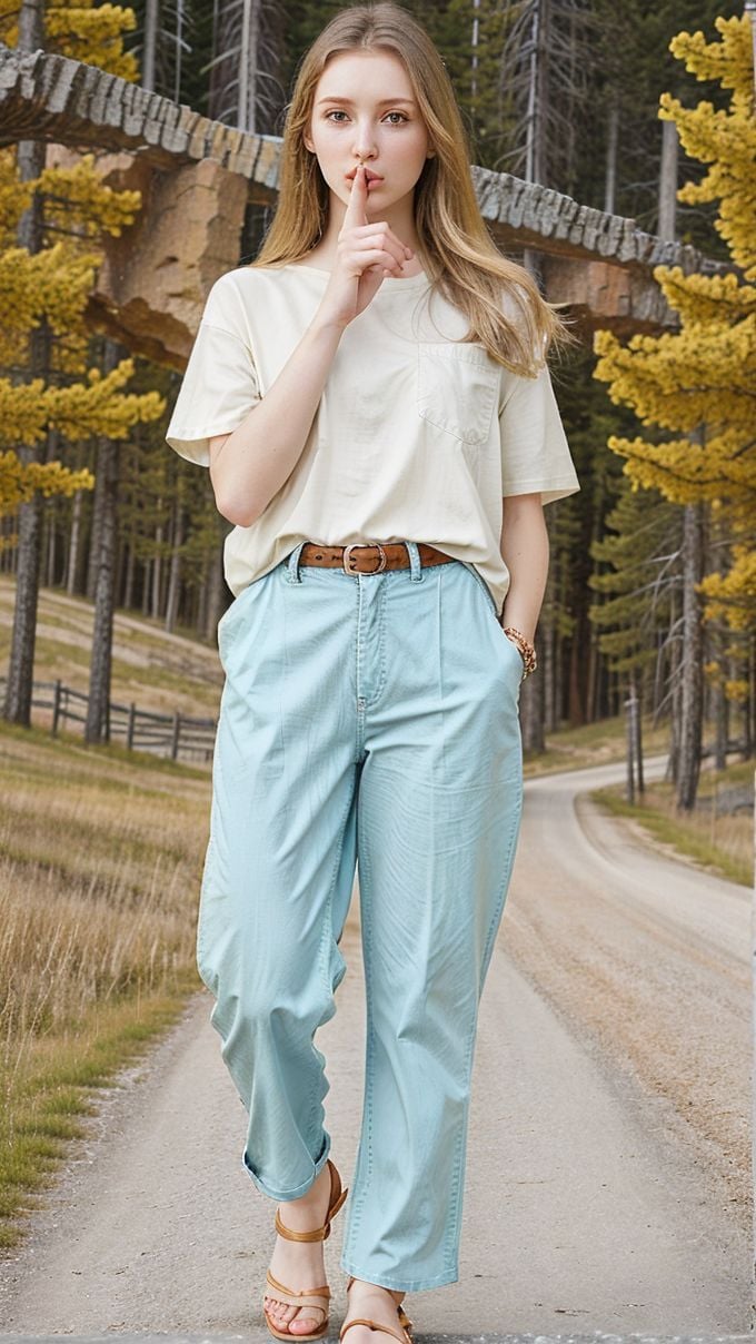 <lora:shush_obj20c:0.75 >, full_body, woman, standing, sandals, shush, (finger_to_mouth: 1.2), (shirt), pants, (yellowstone), perfect face, (contact iris: 1.1), pale skin, skin pores , depth of field