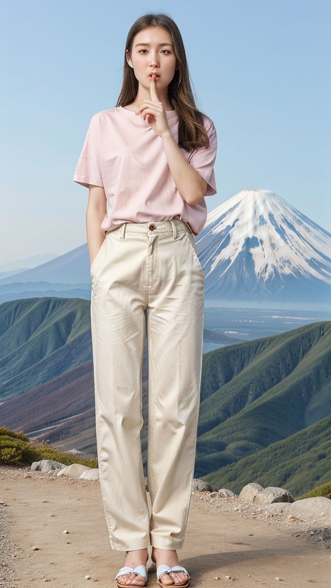 <lora:shush_obj20c:0.75 >, full_body, standing, sandals, shush, (finger_to_mouth: 1.2), (shirt), pants, (mount fuji), perfect face, (contact iris: 1.1), pale skin, skin pores , depth of field