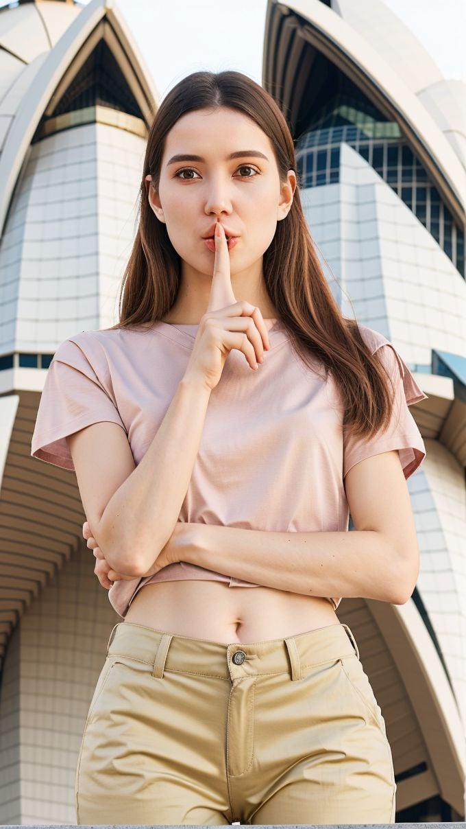 <lora:shush_obj20c:0.75 >, woman, sandals, shush, (finger_to_mouth: 1.2), (shirt), pants, (sydney opera house), perfect face, (contact iris: 1.1), pale skin, skin pores , depth of field