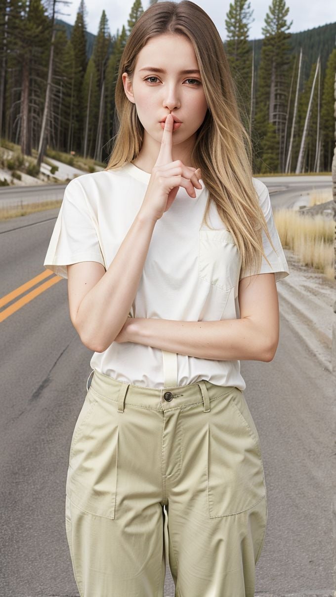 <lora:shush_obj20c:0.75 >, woman, sandals, shush, (finger_to_mouth: 1.2), (shirt), pants, (yellowstone), perfect face, (contact iris: 1.1), pale skin, skin pores , depth of field